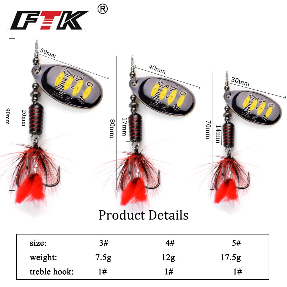 FTK 1pc Spinner Bait 7.5g 12g 17.5g Hard Spoon Bass Lures Metal Fishing Lure With Feather Treble Hooks For Pike Fishing FTK 1pc Spinner Bait 7.5g 12g 17.5g Hard Spoon Bass Lures Metal Fishing Lure With Feather Treble Hooks For Pike Fishing