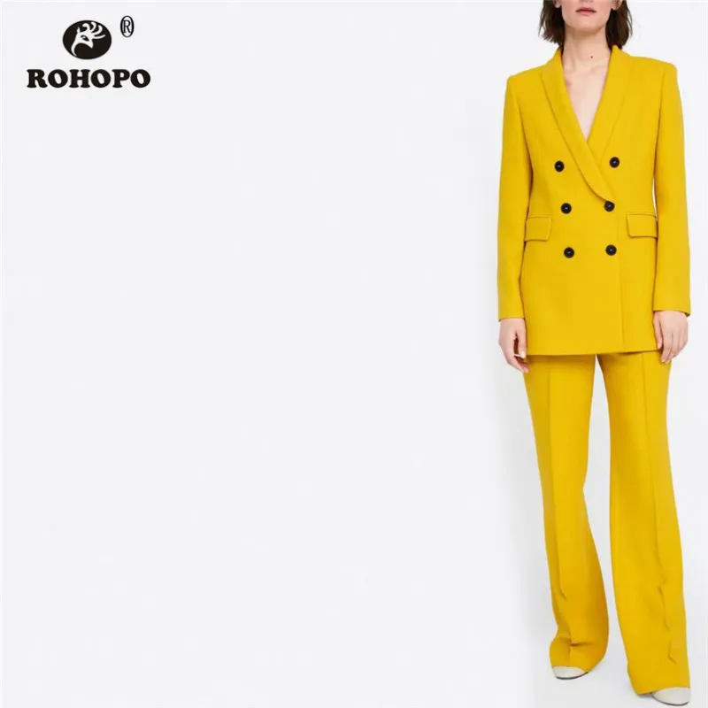 ROHOPO Orange Double Buttons Blazer Vintage Korean Solid Office Ladies Outwear Autumn Female Blazers Straight Bottom #HB9012