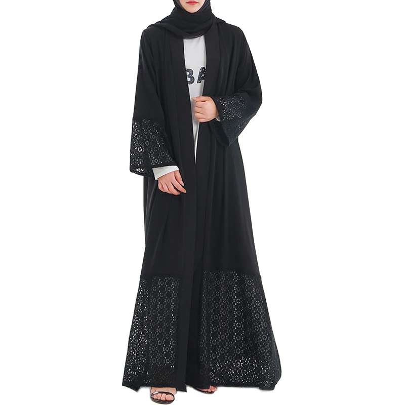 Babalet мусульманских Для женщин кружева Панель халат полый хлопок Дубай черный исламский халат арабские High-end кардиган свободно