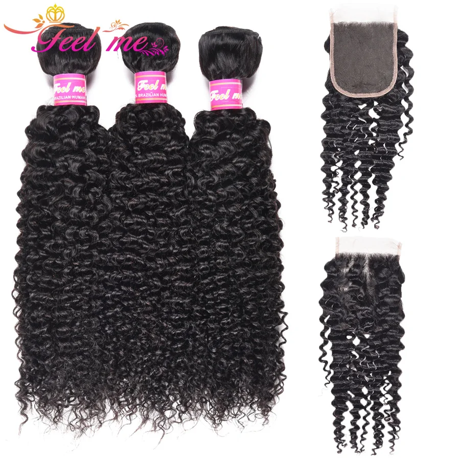 FEEL ME Hair Kinky Curly Hair Bundles With Closure Brazilian Human Hair Bundles With Closure Remy Hair 3 Bundles With Closure