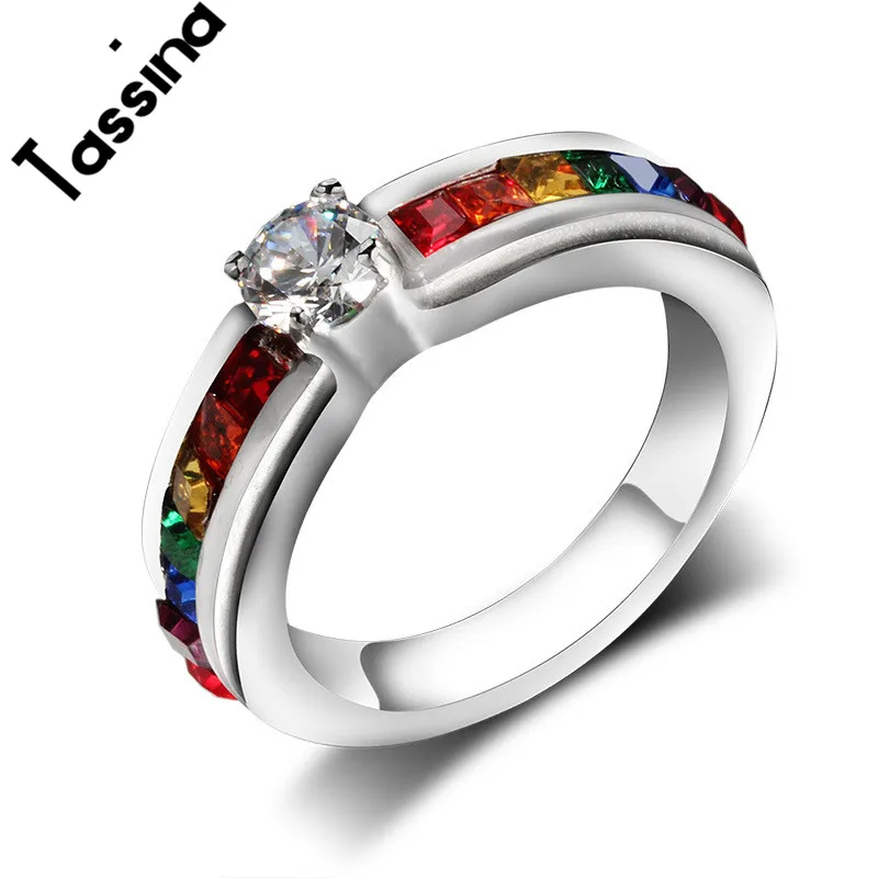 

Tassina LGBT 316L Stainless Steel Color Crystal Ring Rainbow Lesbian Ring Wedding Jewelry For Gay Pride Jewelry TNSF008