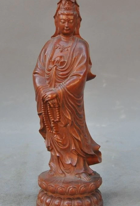 

China Old Boxwood Hand-Carved Buddhism Joss Kwan-yin Guanyin Bodhisattva Statue