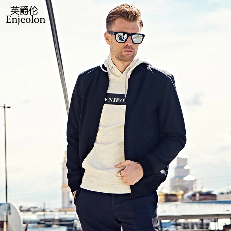 

Enjeolon brand spring Bomber casual jackets coat men black solid coats plus size 3XL stand collar Jacket clothes JK0438