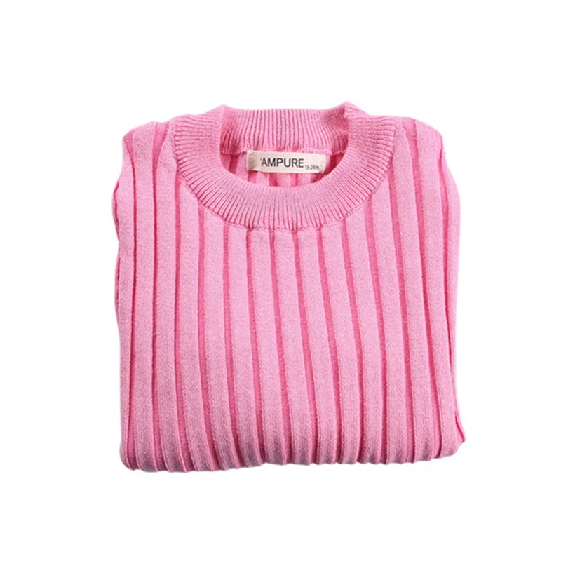 Осенне-зимние свитера для маленьких девочек; мягкий хлопковый детский вязаный пуловер; яркие однотонные свитера в рубчик для мальчиков; топы для малышей - Цвет: Розовый