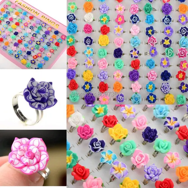 Lots 10pcs Colorful Rose Flower polymer clay Children Rings Adjustable size Kids Lots 10pcs Colorful Rose Flower polymer clay Children Rings Adjustable size Kids