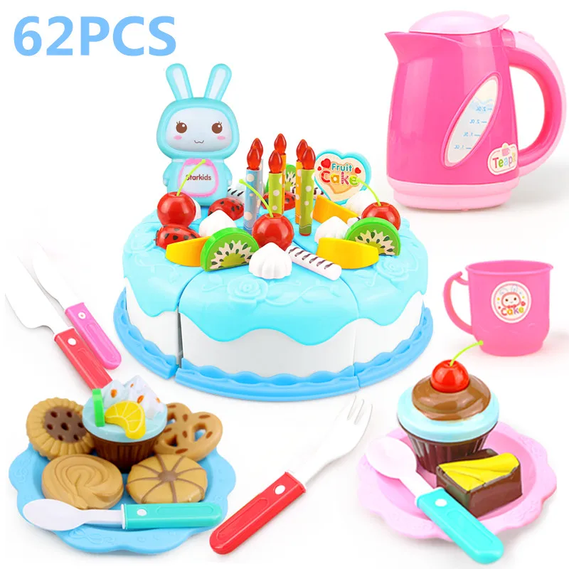 37-103 шт DIY ролевые игры фруктовая резка торт на день рождения кухня еда игрушки Cocina De Juguete игрушка розовый синий подарок для девочек для детей - Цвет: 62PCS Blue