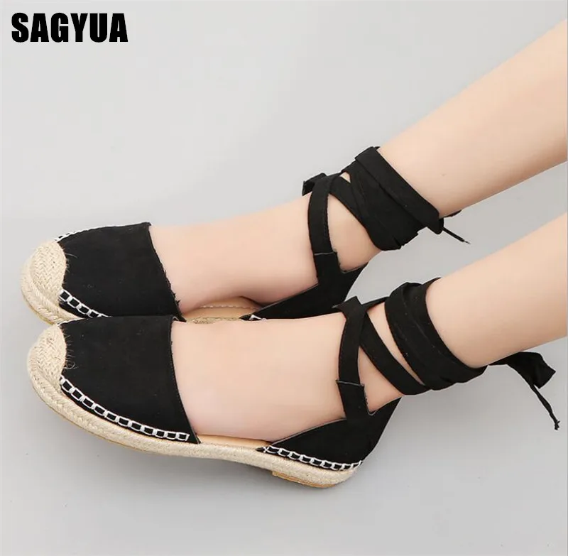 

2019 Summer New women's Round Toe Flats Hollow breathable casual shoes Ladies Lace up Woven shoes women Ankle strap sandals A11