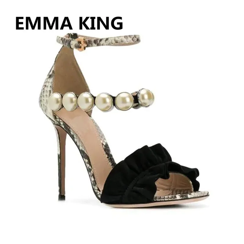 

New Fashion Snake Prints Pearls Women Gladiator Sandals Open Toe Ankle Strap High Heels Ladies Runway Shoes Woman Roman Sandals
