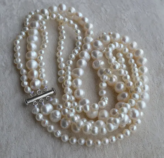 

Perfect Pearl Necklace ,Charming White Color Potato Shape 100% Real Freshwater Pearl Necklace, AA 5-9MM 17-19 inches
