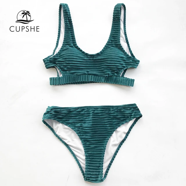 US $17.99 CUPSHE Green Emerald Velvet Solid Bikini Set Women Cutout Backless Two Pieces Swimwear 2020 Girl Be