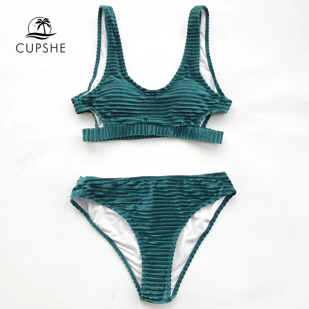 Günstige CUPSHE Grün Smaragd Samt Solide Bikini Set Frauen Ausschnitt Backless Zwei Stücke Bademode 2020 Mädchen Strand Badeanzug Badeanzüge