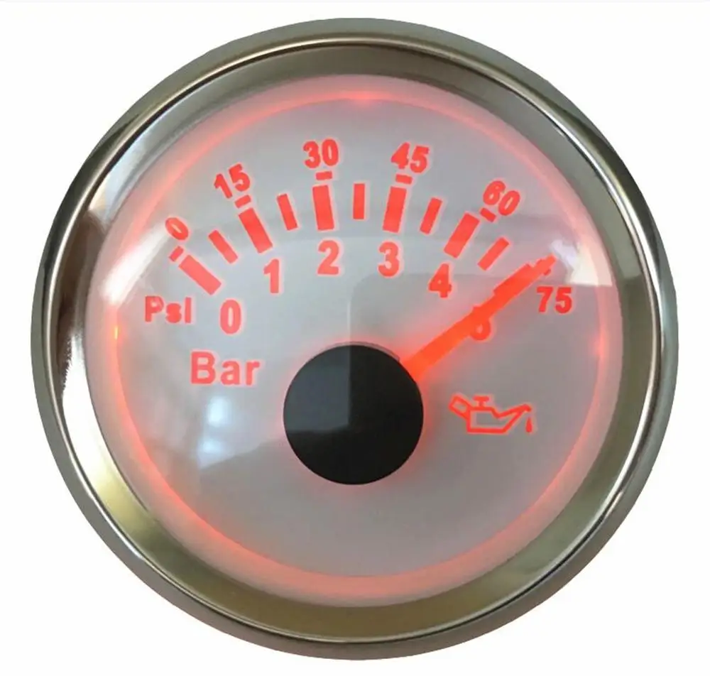 

1pc 52mm Pointer Oil Pressure Gauges 0-5Bar Auto / Marine Oil Pressure Meters 0-75Psi with Red Backlight 9-32vdc