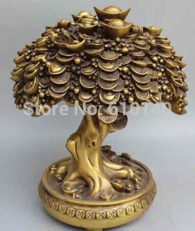 

16"Chinese Feng Shui Bronze Wealth Money Yuanbao treasure bowl Money tree Statue