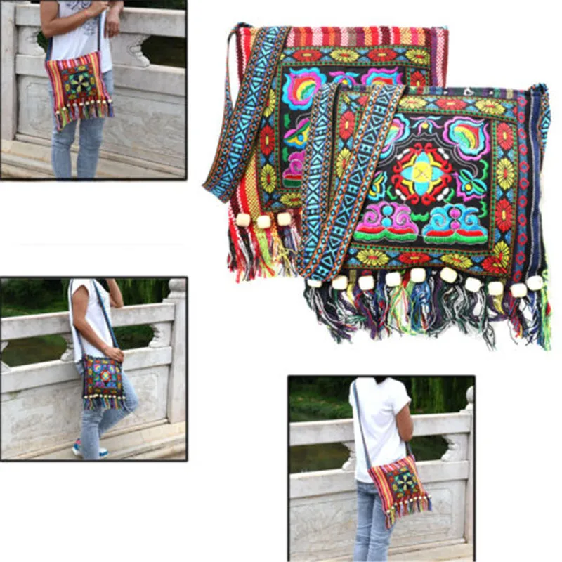 

Hmong Vintage Ethnic Shoulder Bag Embroidery Boho Hippie Tassel Tote Messenger Chinese Ethnic Style Colorful Bag