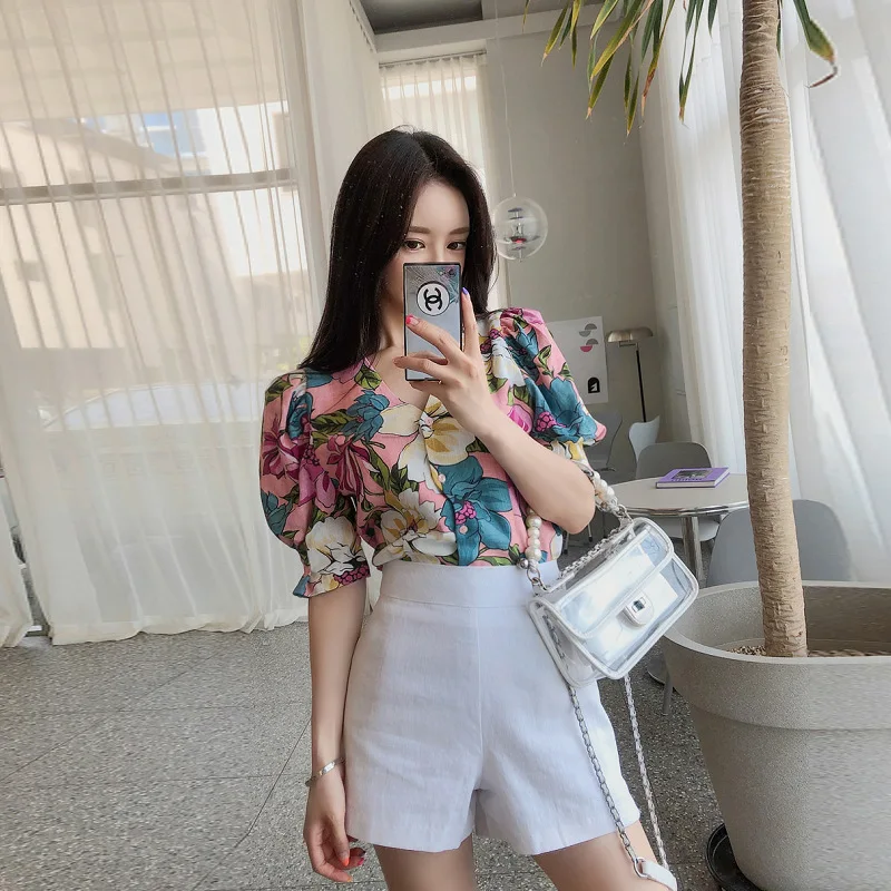 

Print Floral Linen Blouse and White Corset Short Pants Summer 2 Piece Set Plus Size Korean Modis Streetwear Women Two Piece Set