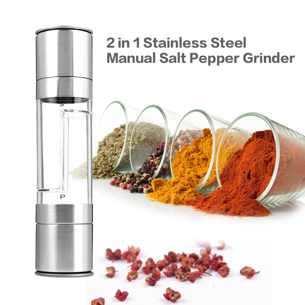 Pepper Mill Grinder 2 in 1 Stainless Steel Manual Salt Pepper Grinder