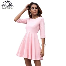 Parthea розовый шею Половина рукава платье трапециевидной формы Высокая талия мини-платье осенью простой В стиле принцессы короткие Платья для вечеринок