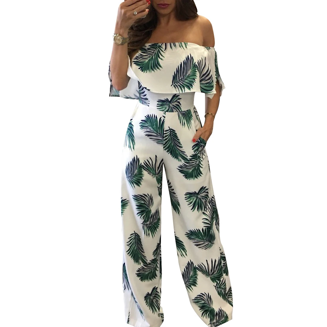 

Off Shoulder Jumpsuit 2019 Women Loose Long Wide Trousers Bodysuit Sexy Ruffles Work Office Bodysuits Romper Female Overalls