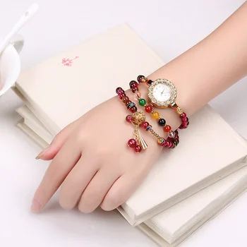 

Fashion Womens Jewelry Strap Quartz Watch Ladies Wrap Around Beaded Jade Watches Chain Agates Crystal Bangle Bracelet Wristwatch