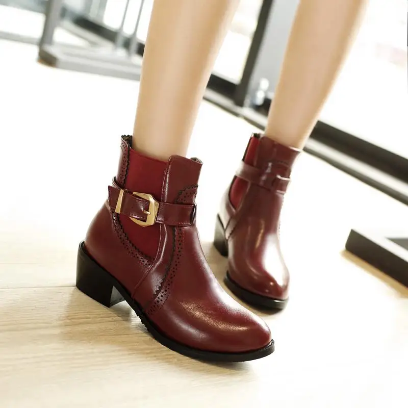 

2015 Winter Autumn New Fashion Buckle Elastic Band Ankle boots Solid Colors Square Heels Boots Ankle Shoes Big Size 32-43 R948
