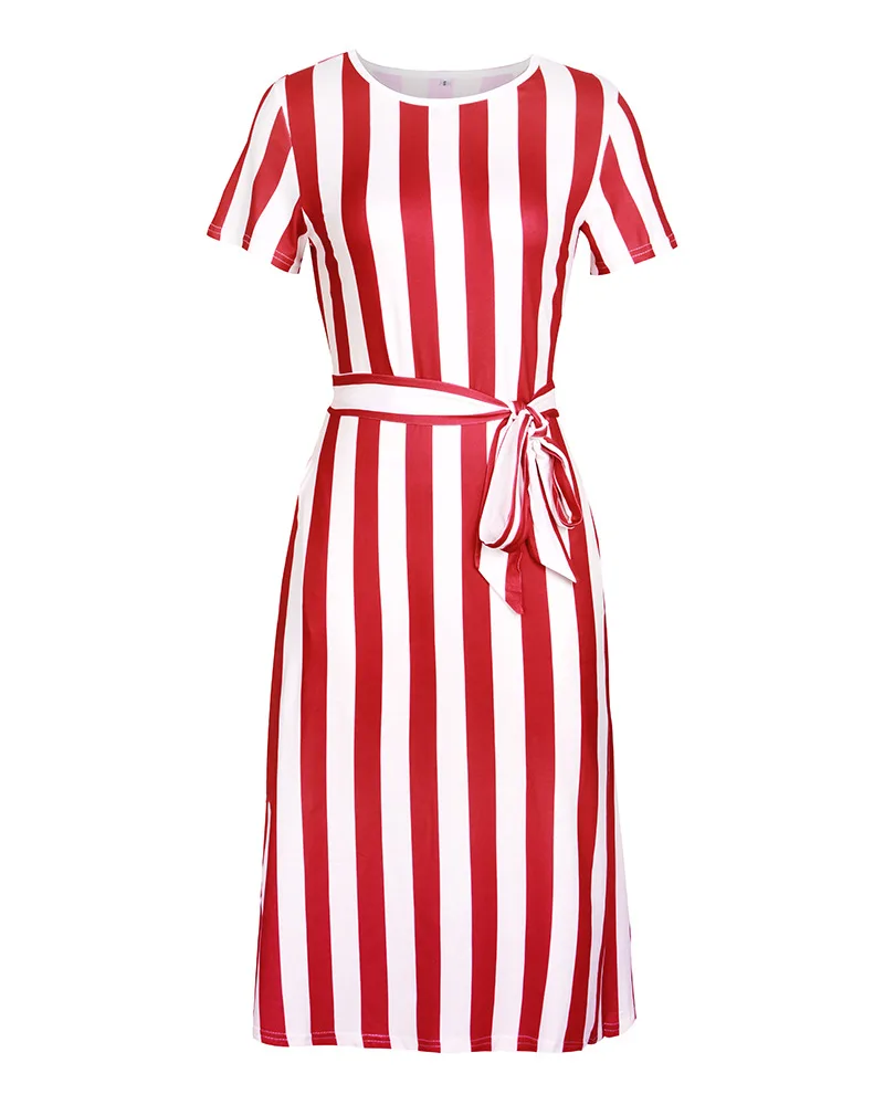 

Summer New Dress Big Striped White Intertemperament Commuter with Belt Short Sleeve Round Neck Elegant Office Robe Femme