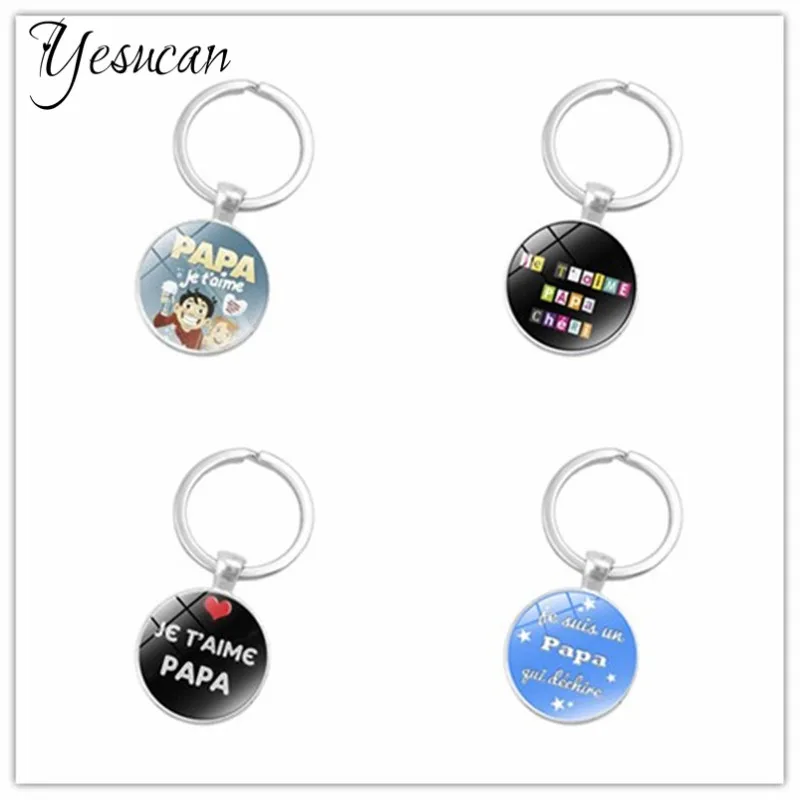 Colorful Pride Men's Keychain Jewelry with Silver Plated Cabochon Super Papa Car Rings Keyrings Father's Day Gift | Украшения и