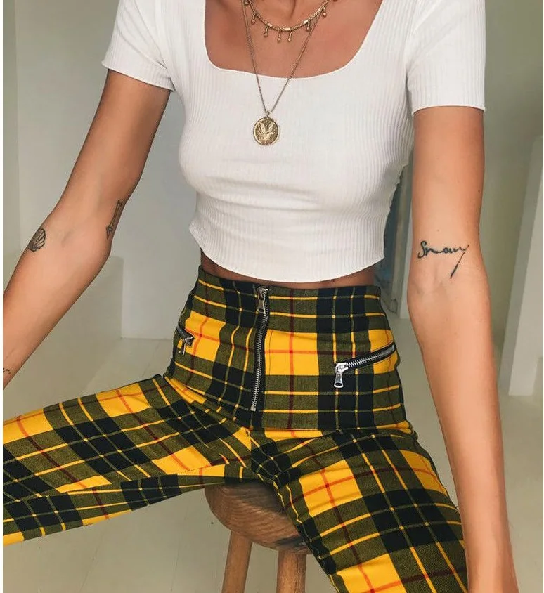 Fashion High Waist Elastic Harem Red Yellow Plaid Pants Women Casual Skinny Ankle-length Capris Pencil Pants Trouser - Color: Yellow