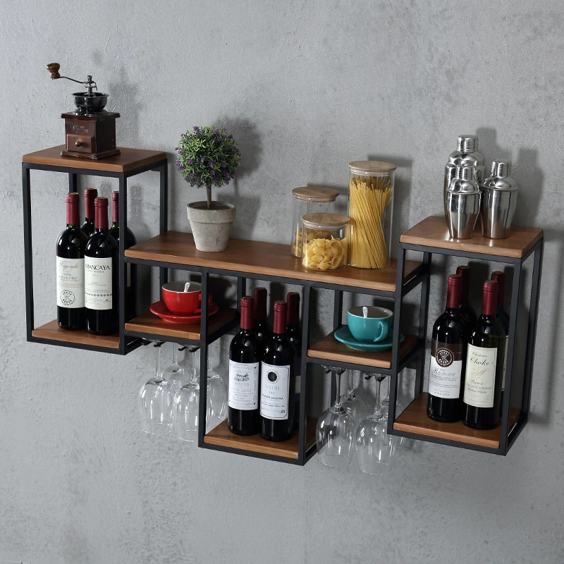 Industrial Retro Rustic Style Multi- Function Shelves Iron Art Solid Wood Board Wine Glass Holder Storage Wine Rack Coffee Shop