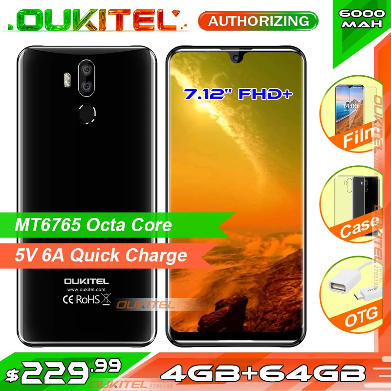 

OUKITEL K9 7.12" FHD+ 1080*2244 Waterdrop Display 6000mAh 5V/6A Quick Charge Smartphone 4GB 64GB 16MP/8MP Face ID Mobile Phone