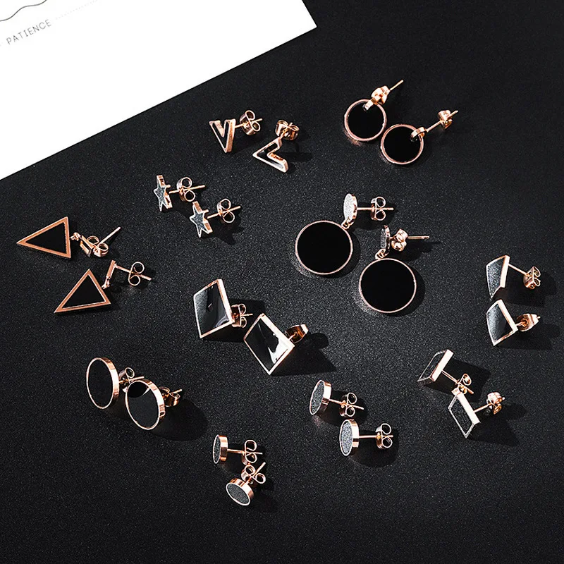 

Korean Trendy Girl Simple Titanium Steel Earrings Triangular Circular Geometry Stud Earrings Fashion Women Jewelry Accessories