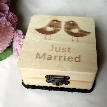 

Vintage Square Just Married Wooden Ring Box Birds Wedding Ring Bearer Box