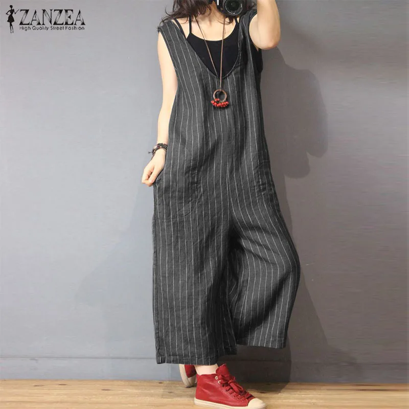 Romper Elegant Overalls Jumpsuits Women Wide-Leg ZANZEA Plus-Size Striped V-Neck Sleeveless