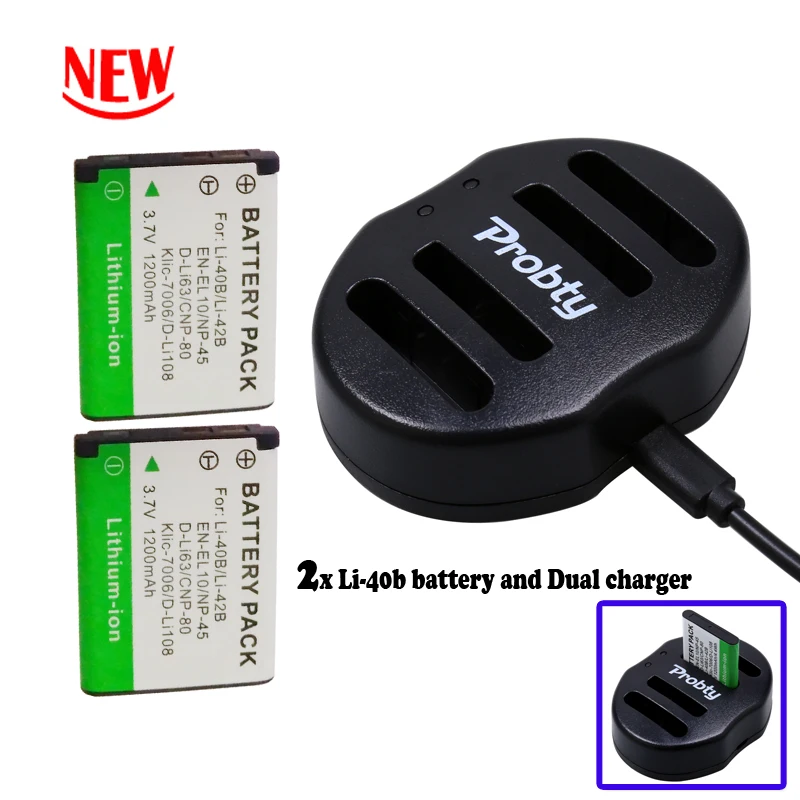 2x Li-40B Li 40B 42B Battery + Dual charger for Olympus Li-42B NP-45 ,for Nikon EN-EL10 D-Li63 D-Li108 NP-80 CNP80 KLIC-7006