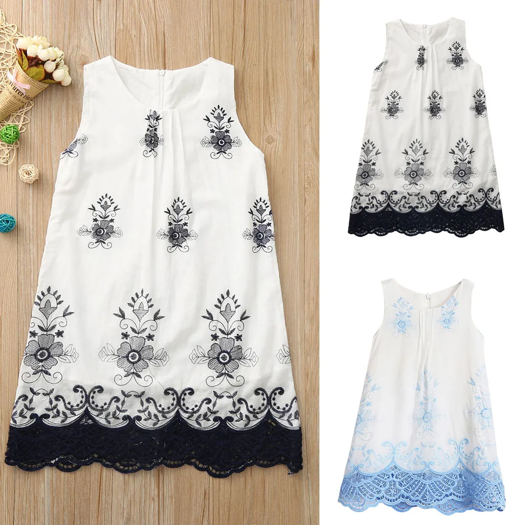 

Toddler Kid Baby Girl Lace Floral Embroidery Party Princess Casual Lace Mesh Sleeveless Dress Clothes Summer Outfits Set Clothes