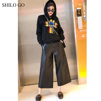 

SHILO GO Leather Pants Womens Spring England sheepskin genuine leather Pants stretch high waist side button wide leg pants