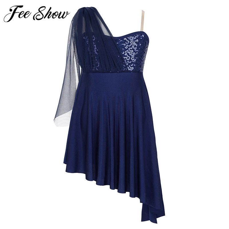 

Kids Girls Adjustable Shoulder Straps Sequins Side Split Irregular Hem Dress for Lyrical Modern Contemporary Dance Costumes