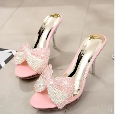 

Butterfly-knot Women Slippers Fashion High Heeled 5-8CM Women Mules PVC Transparent Jelly Shoes Clear Open Toe Party Shoe Ladies