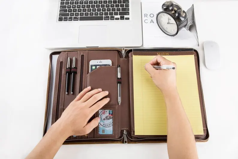 

Vintage Crazy-horse Leather Portfolio Handmade Padfolio Case Business Zippered Organizer Document Folder withLetter Size Notepad