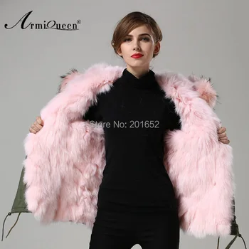 Billige Facebook Instagram 100% Echt Echten Waschbären Rosa Pelzkragen Mantel Jacke Outwear Pullover Damen Mit Fuchspelz Liner Mode