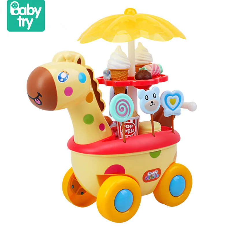 

Babytry Cute Giraffe Multifunction Pretend Play Trolley Juguetes Candy Vending Cart Ice Cream Food Toys for Kids Music Light