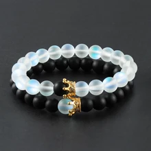 1 комплект, трендовые браслеты из натурального лунного камня с бусинами, мужские ювелирные изделия, очаровательный золотой кристалл, корона, браслет для женщин, браслеты, парные ювелирные изделия