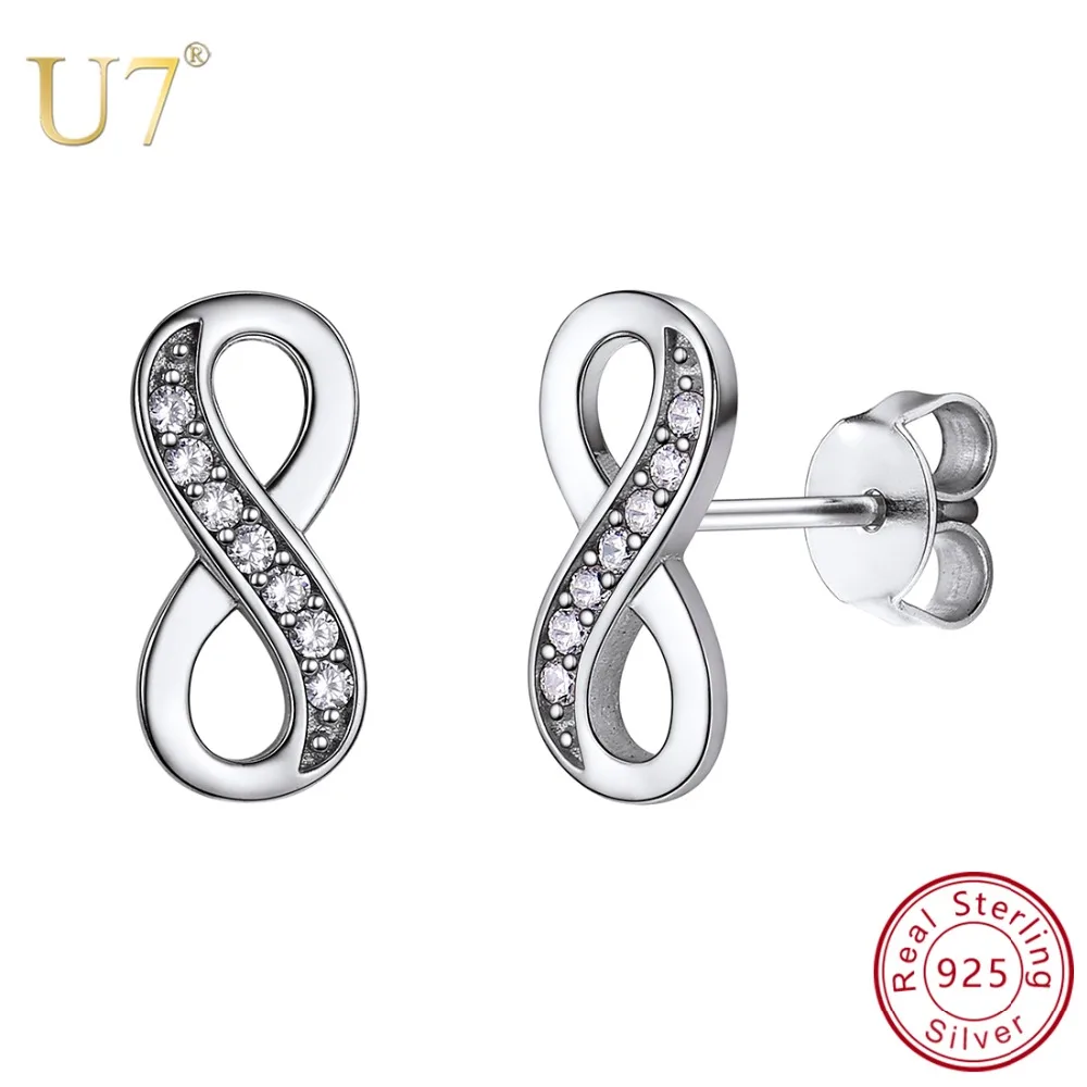 

U7 925 Sterling Silver Shiny Cubic Zirconia Infinity Lucky Number Figure Eight Stud Earrings Love Symbol For Women Lady SC238