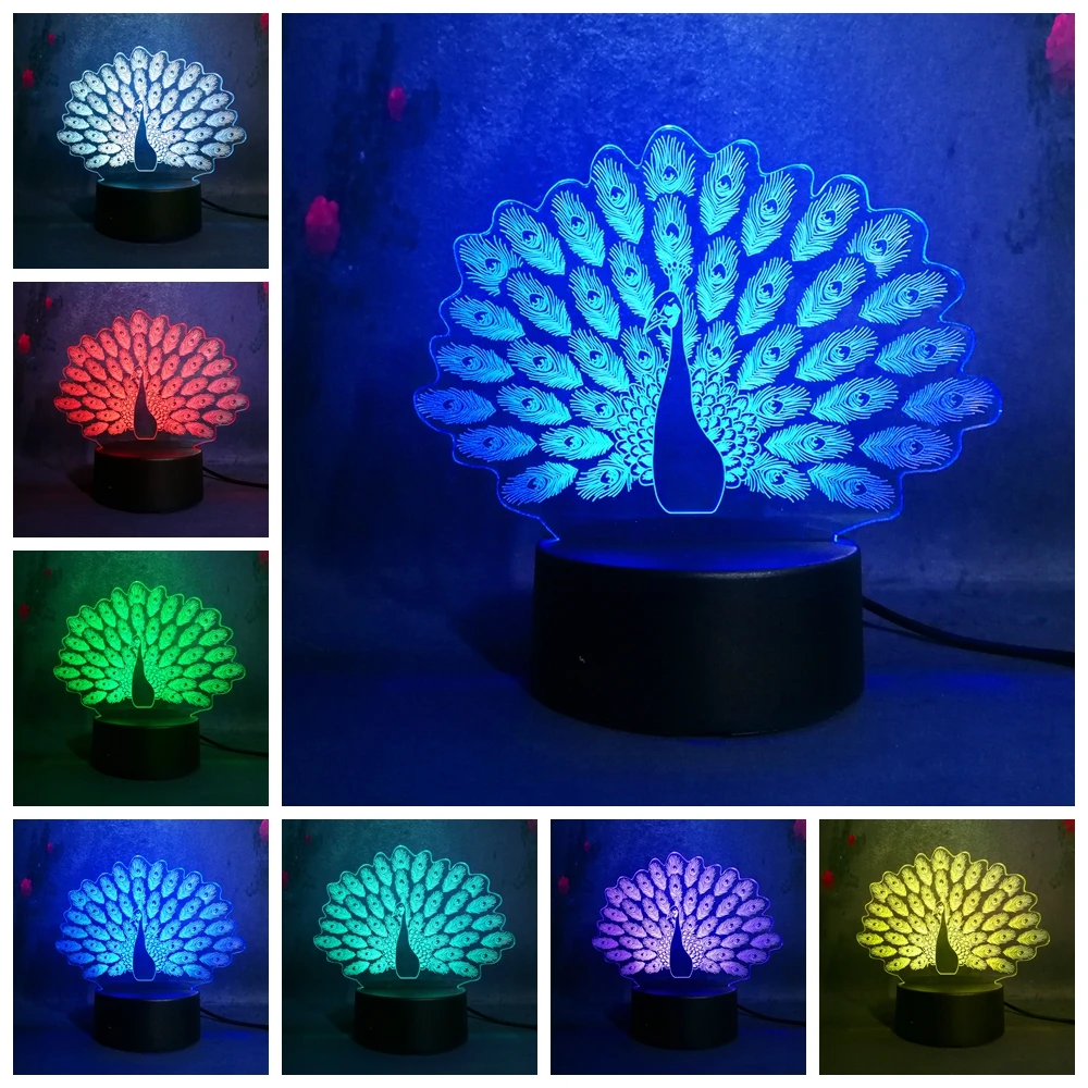 

Beautiful Peacock 3D Color Illusion Night Light Led Girl Mother Gift Children Night Light Christmas Bedroom Party Decoration