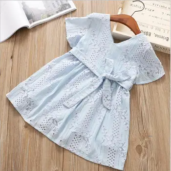 

children girls short sleeve lace A-line dress children kids flare sleeve full lace striped hallowing vestido clothing