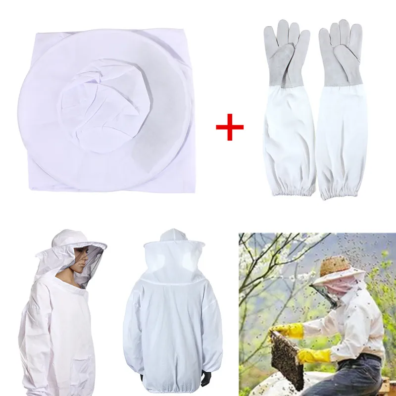На открытом воздухе безопасные, Защита протектор белый хлопок Защитная пчеловодческий куртка костюм с вуалью+ 1 пара Пчеловодство перчатки с длинным рукавом