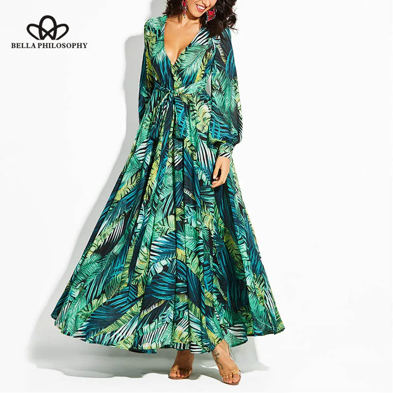 

Bella Philosophy 2018 Autumn Plus Size Long Sleeve Women Dress Lantern Sleeve V-neck Green Leaf Print Dress Vintage Beach Dress