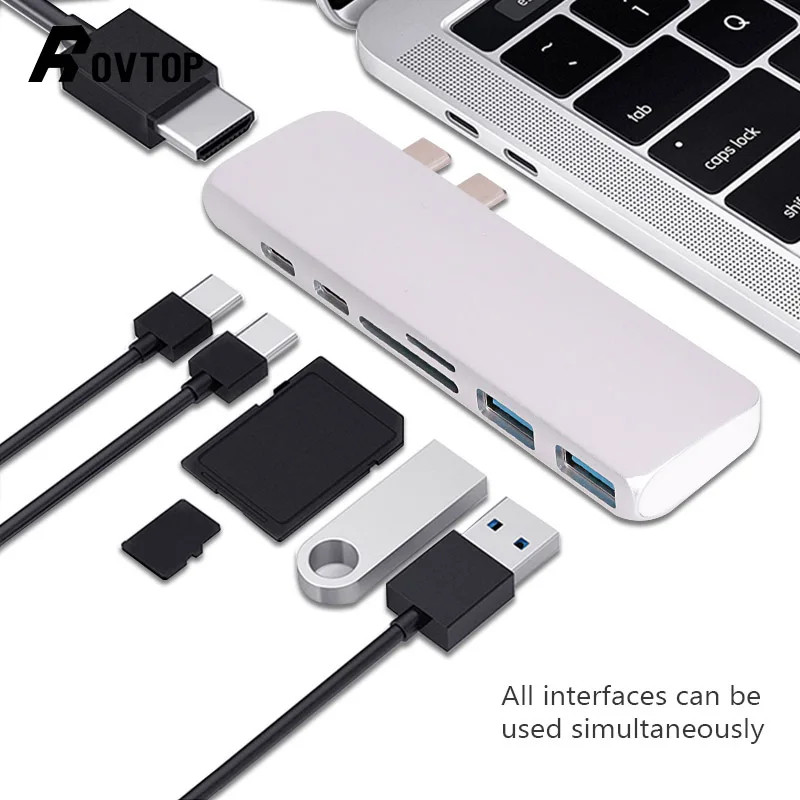 

Rovtop USB Type C Hub Adapter 7 In 1 Dual Port Type C Dock For Laptop MacBook Pro With SD/MicroSD Card Reader