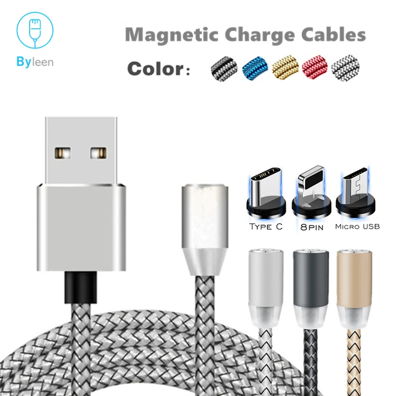 Светодиодный магнитный кабель 3-в-1 для быстрой зарядки Micro USB Type C iPhone Samsung Xiaomi 360