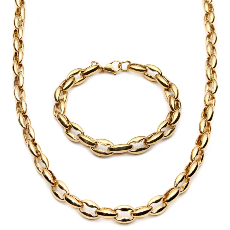 Mainlead Hiphop 9MM Gold Titanium Steel Coffee Bean Link Chain Necklace Mens Long Biker Jewelry | Украшения и аксессуары