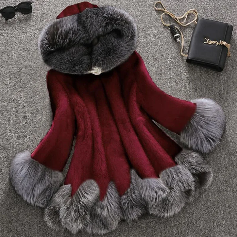 

2019 Autumn Winter New Fur Cotton coat Long Section Large Size 6XL Mink Fur Fox Fur Collar Faux Fur Ladies Noble Coat Female C71